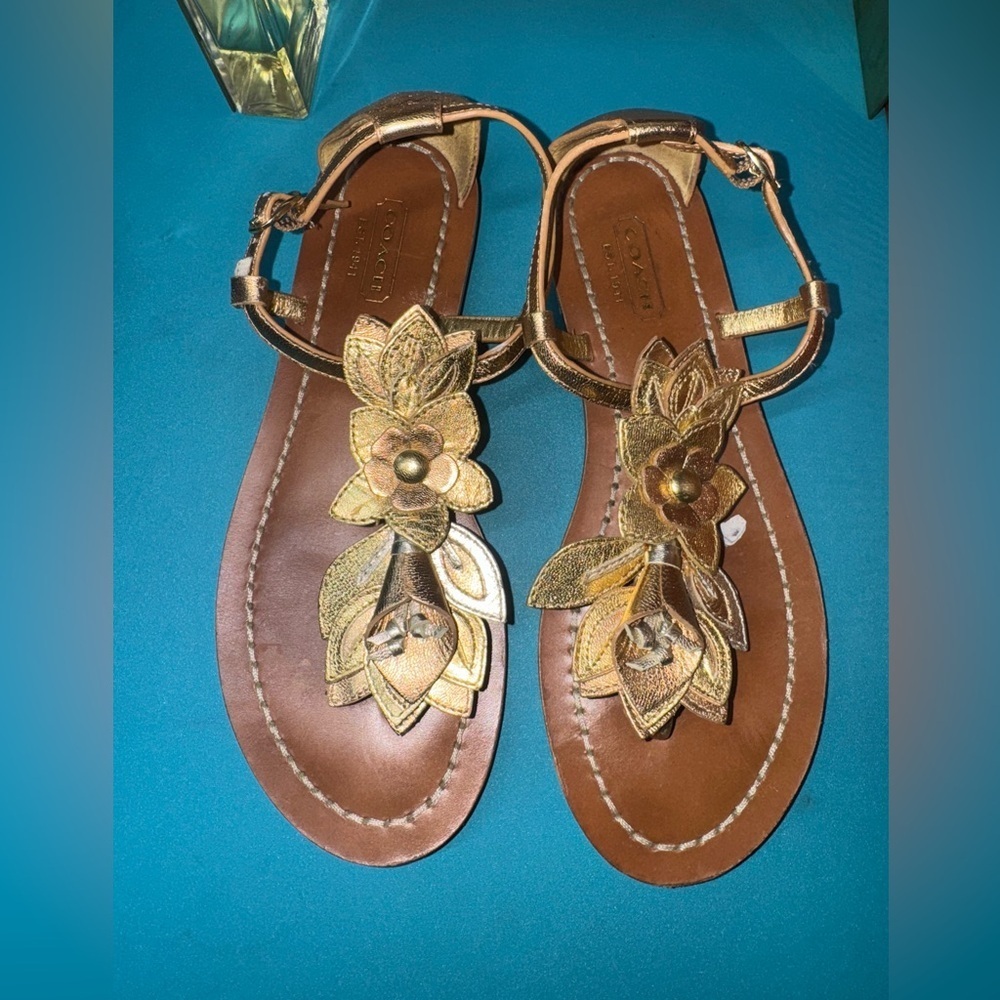 Coach metallic floral t-strap sandals
